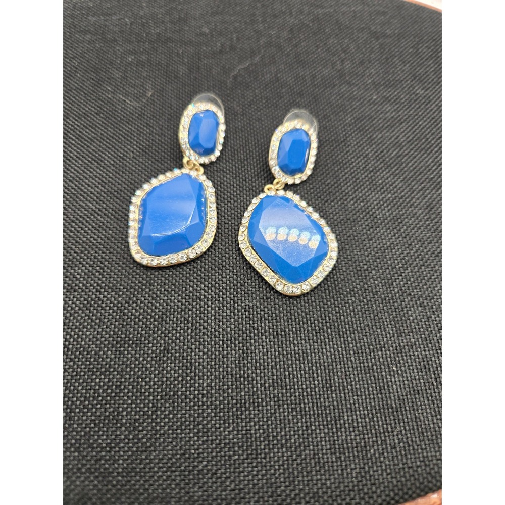 Blue Rhinestone Halo Drop Earrings Gold Tone Geometric Statement Jewelry